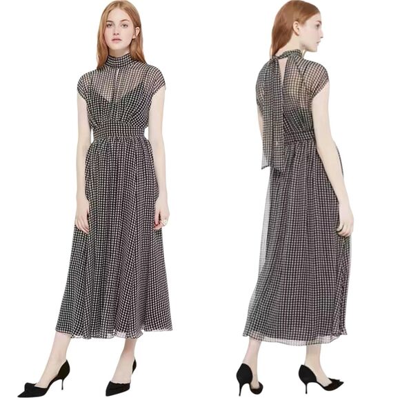 Kate Spade Chiffon Houndstooth Midi Dress Size 8 Mod Retro Classy Fit & Flare - Picture 1 of 12